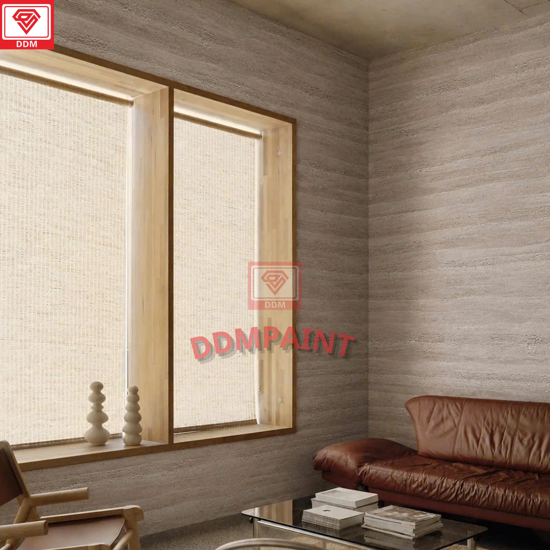 Mẫu tấm ốp đá dẻo vân đất nện màu be mang phong cách Wabi Sabi cho phòng khách sang trọng